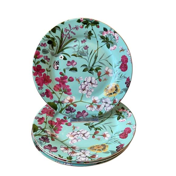 Grace Teaware Fine Porcelain 9in Salad Plates Aqua Blue Floral Set of 4 New - Picture 6 of 15